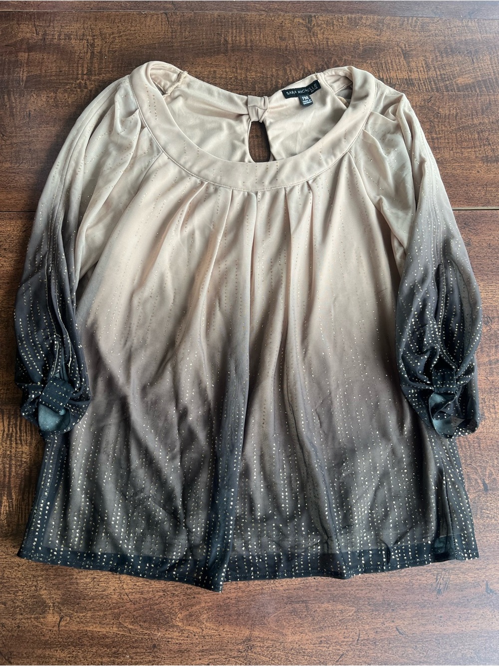 Sara Michelle Glitter Gold Shimmer Ombre Blouse Sheer Sleeve Holiday Party PS